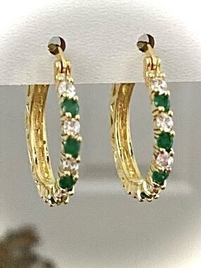 Emerald Green and White CZs in Gold Tone Hoop Earrings